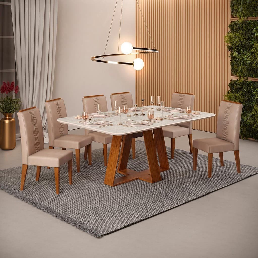Conjunto Sala de Jantar 6 Cadeiras Sem Vidro 170x90 DJ Móveis Kiara Freijó Quartzo Yasmin Kraft