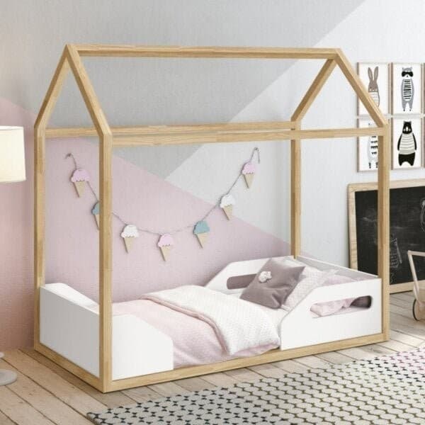 Mini Cama Infantil Montessoriana Zoe Branco/Fosco/Madeira Pinus Branco Fosco/Madeira Pinus