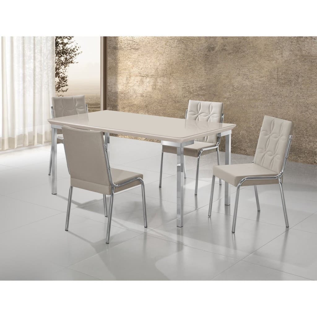 Conjunto Mesa Iza 120x90cm Tampo MDF/Vidro 4 Cadeiras Natani Yescasa Cinza/Cromado/Off White